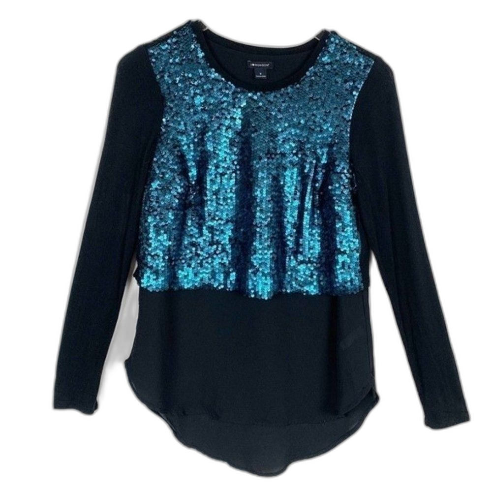 I Heart Ronson Women's Size Small Sequin Sheer Hi Low Teal and Black Top